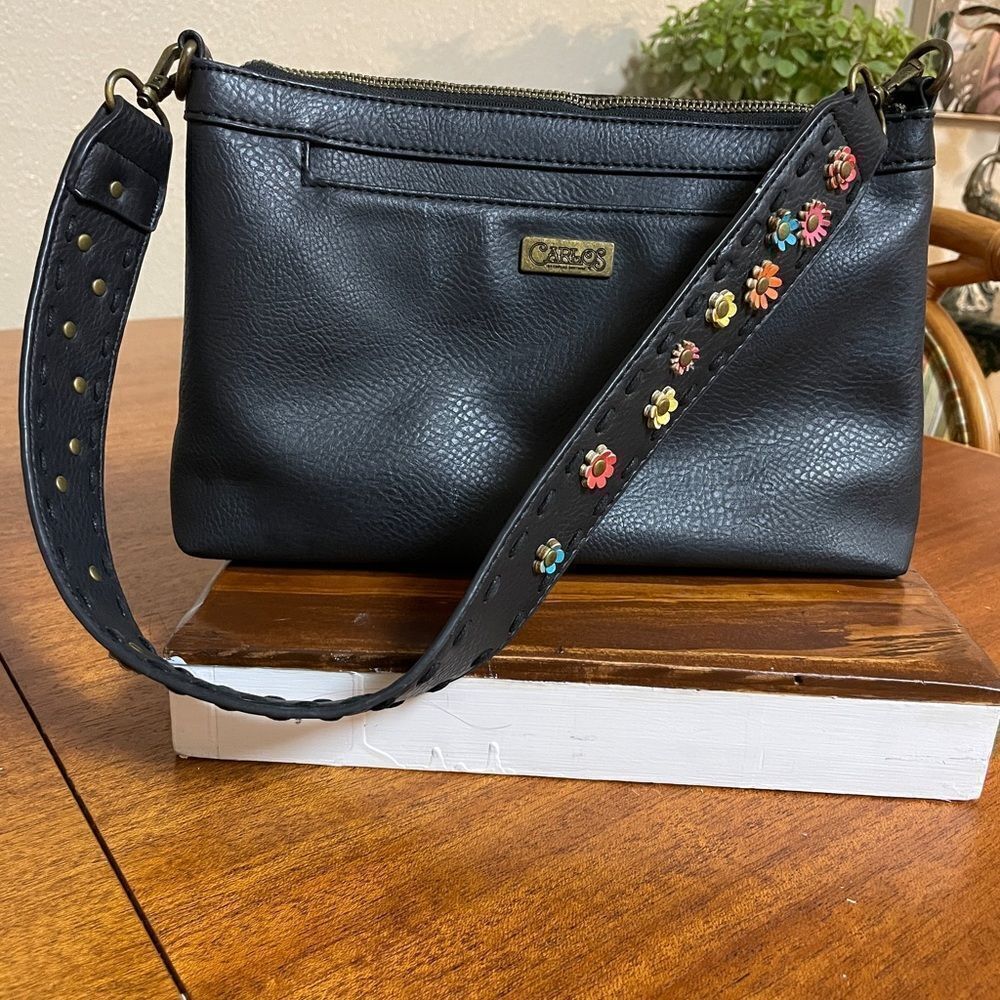 Carlos by Carlos Santana Vegan Leather Shoulder Bag Black With Flowers on Strap